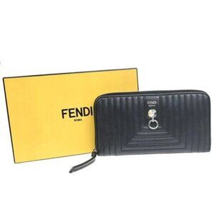 FENDI Logo Zip Around Long Bifold Wallet Leather Black SHW 8M0299 Italy 63MA133